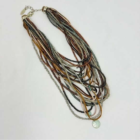 Chico's SERENA Brown Green Wood Bead Leather Multi Strand Boho Charm Necklace - Picture 7 of 16
